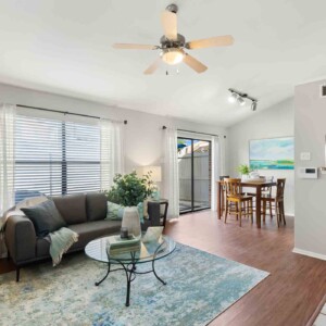 view of living room with plank flooring and soothing colors