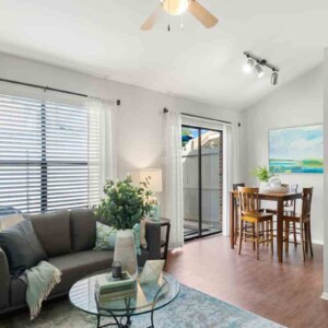 view of living room with plank flooring and soothing colors